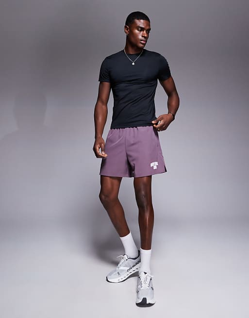 4505 7 inch wide leg quick dry graphic training shorts with towel loop and zip pockets in grape