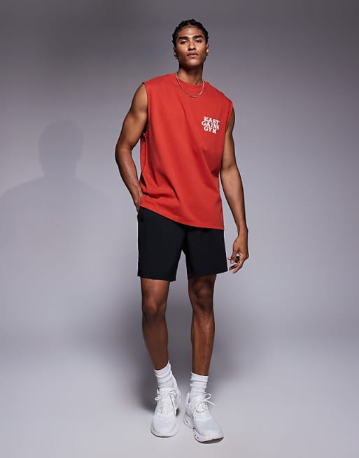 4505 Cotton Oversized Pump Training Tank With Chest Graphic And Quick Dry Finish In Washed Red