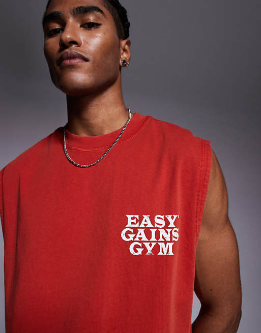 4505 Cotton Oversized Pump Training Tank With Chest Graphic And Quick Dry Finish In Washed Red
