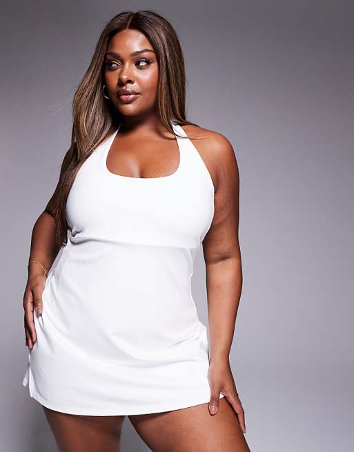 4505 Curve Active Halter Neck Tennis Dress With Under Shorts In White