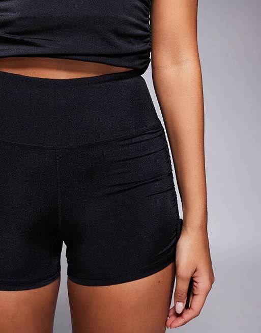 4505 Hourglass Ruched Side Tie Booty Shorts In Black High Shine