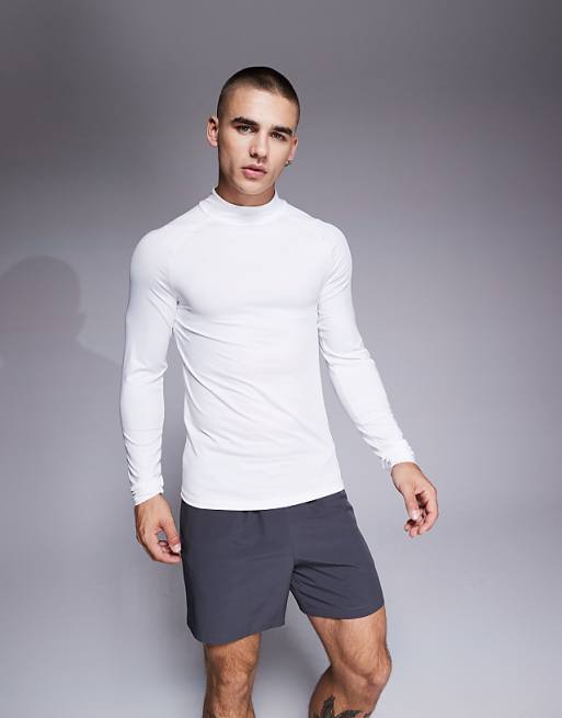 4505 Icon Active Quick Dry Muscle Fit Base Layer Training Long Sleeve Mock Neck Top In White