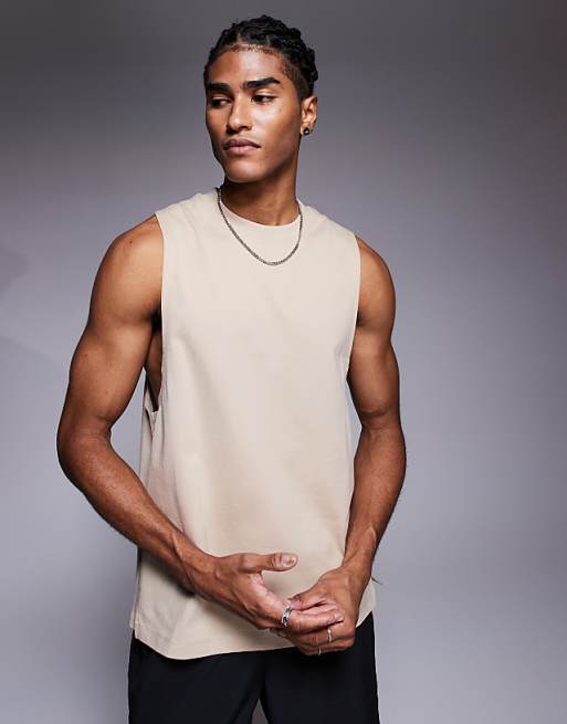 4505 Icon Cotton Drop Armhole Training Vest With Quick Dry Finish In Stone