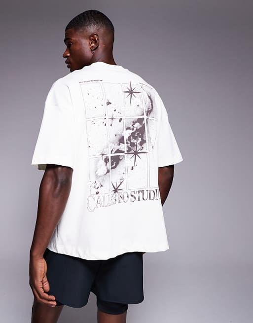 4505 Icon heavyweight cotton oversized back print t-shirt with quick dry finish in vintage white