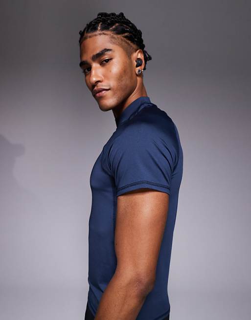 4505 Muscle Fit Seam Detail Quick Dry Training Base Layer With Mock Neck In Navy