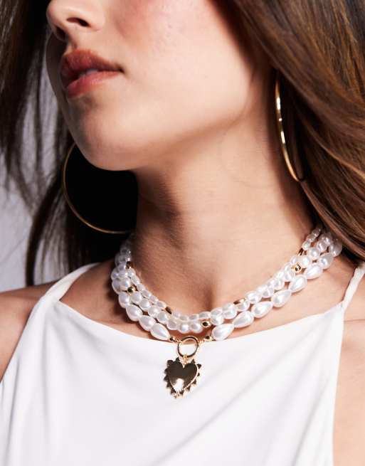 8 Other Reasons Pearl Layered Necklace With Heart Pendant In Gold