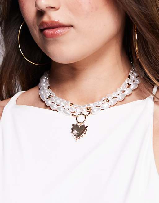 8 Other Reasons pearl layered necklace with heart pendant in gold
