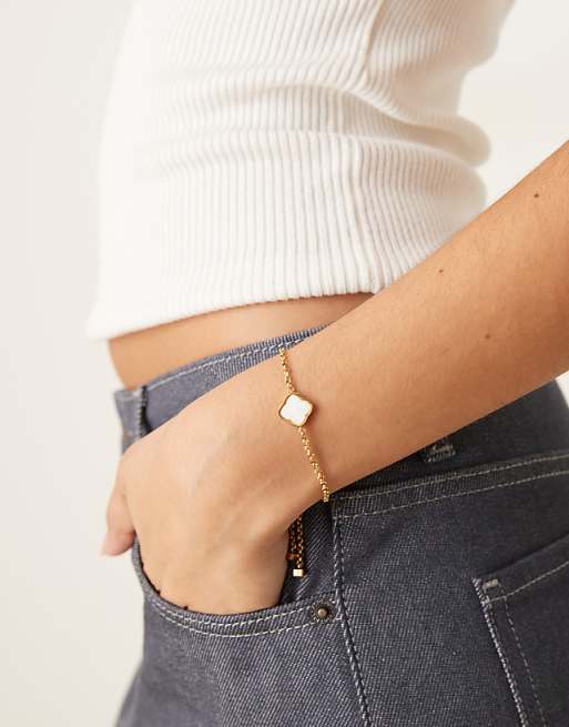 Abbott Lyon faux pearl clover adjustable bracelet in 18k gold plated waterproof stainless steel