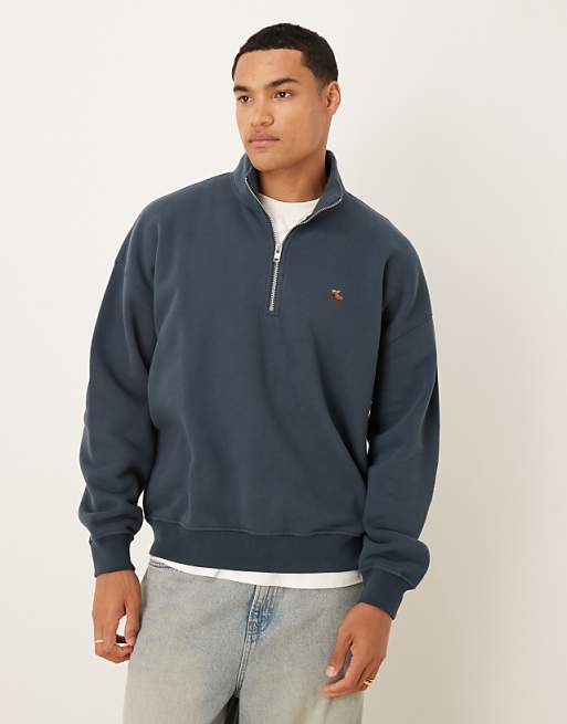 Abercrombie & Fitch Chest Logo Quarter Zip Sweatshirt In Navy
