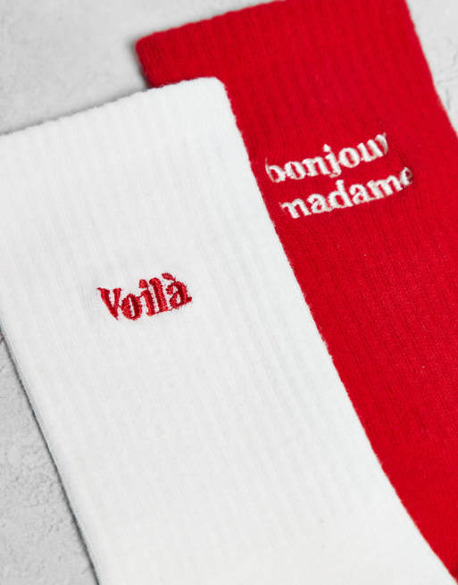 Accessorize 2 Pack Embroidered Slogan Socks In Red And White