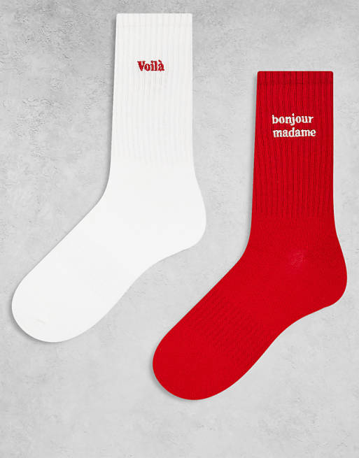 Accessorize 2 pack embroidered slogan socks in red and white