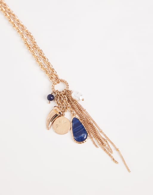 Accessorize Blue Gem Charm Long Pendant Necklace In Gold