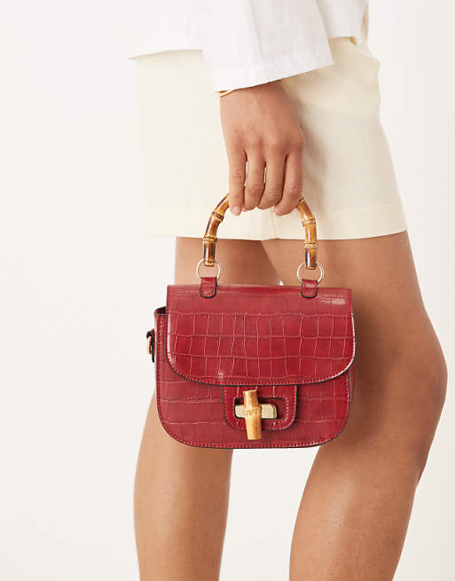 Accessorize Croc Bamboo Top Handle And Crossbody Bag In Red