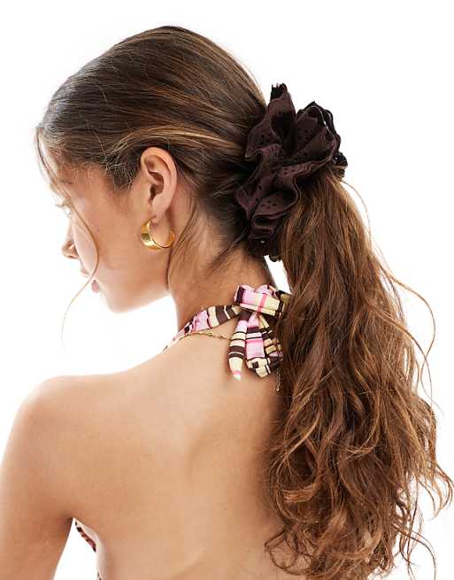 Accessorize double layer broderie hair scrunchie in brown