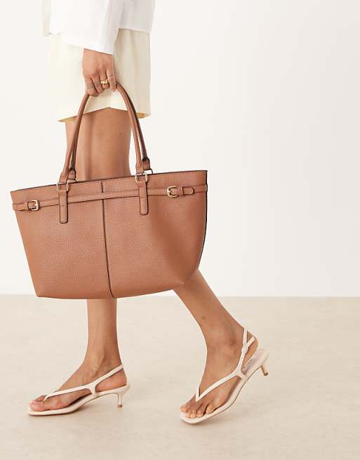 Accessorize East To West Tote Shoulder Bag With Buckle Detailing In Tan
