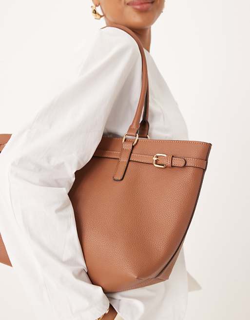 Accessorize East To West Tote Shoulder Bag With Buckle Detailing In Tan