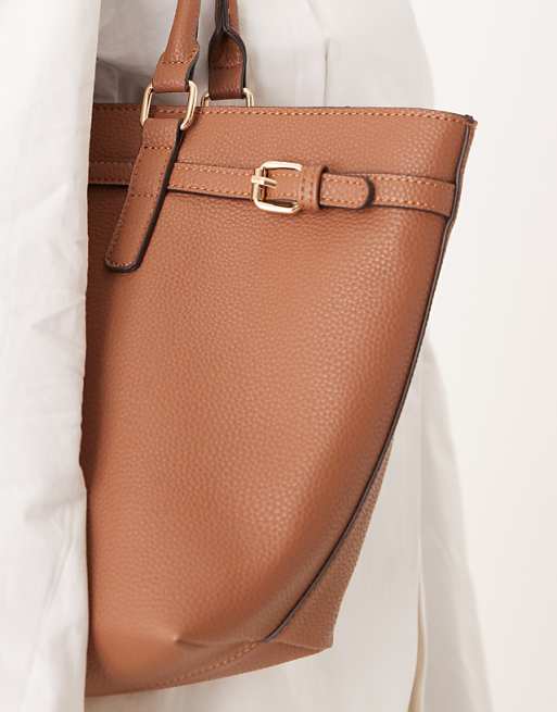 Accessorize East To West Tote Shoulder Bag With Buckle Detailing In Tan