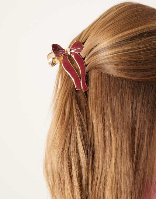 Accessorize Enamel Metal Bow Hair Clawclip In Burgundy