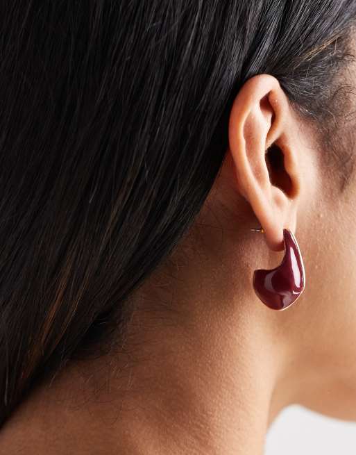 Accessorize Enamel Metal Drop Curve Earrings In Burgundy