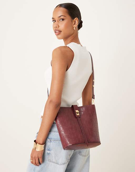 Accessorize Faux Croc Bucket Bag In Burgundy