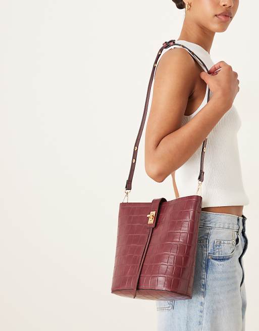 Accessorize Faux Croc Bucket Bag In Burgundy