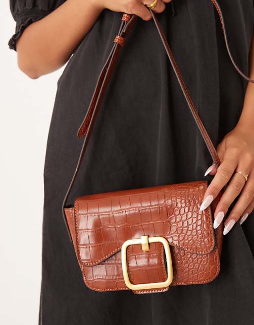 Accessorize Faux Croc Buckle Crossbody Bag In Tan