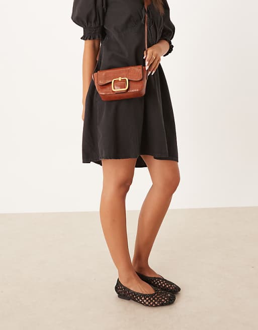 Accessorize Faux Croc Buckle Crossbody Bag In Tan