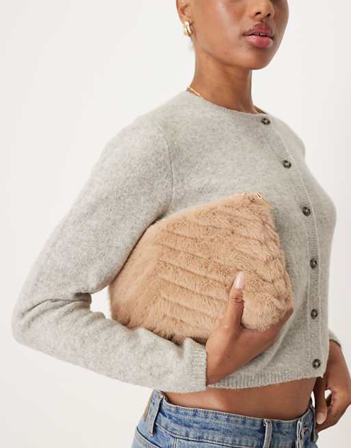 Accessorize Faux Fur Chain Shoulder Bag In Beige