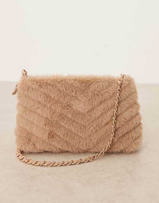 Accessorize Faux Fur Chain Shoulder Bag In Beige