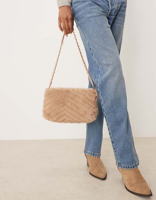 Accessorize Faux Fur Chain Shoulder Bag In Beige