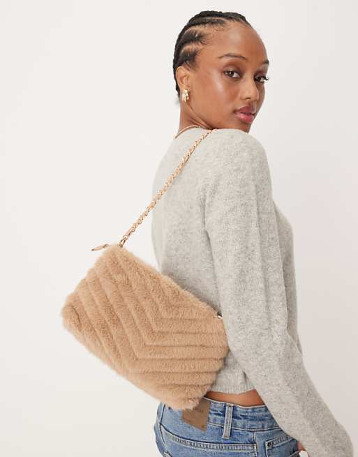 Accessorize faux fur chain shoulder bag in beige