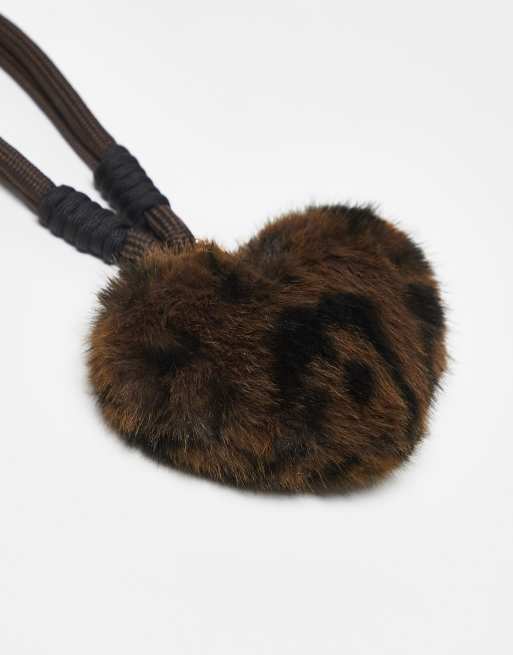 Accessorize Fluffy Heart Bag Charm In Leopard Print