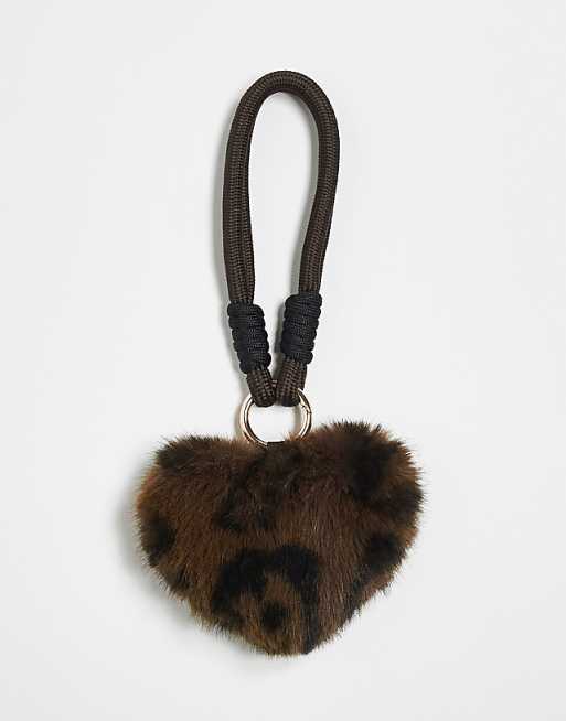 Accessorize fluffy heart bag charm in leopard print