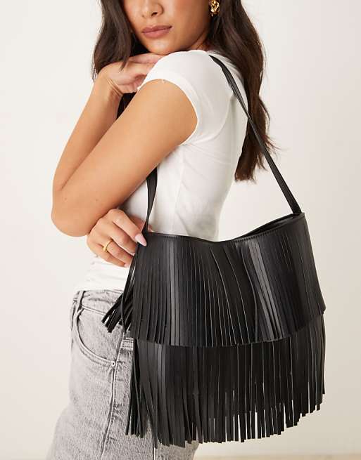 Accessorize fringe shoulder bag in black