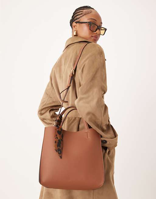 Accessorize Handheld Box Bag With Leopard Print Scarf In Tan