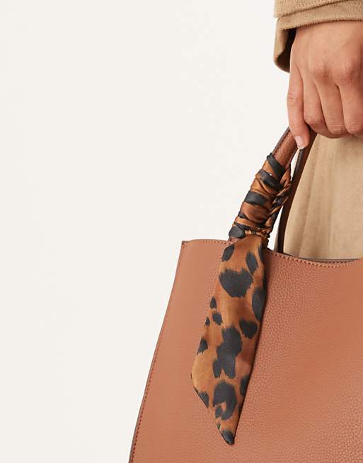 Accessorize Handheld Box Bag With Leopard Print Scarf In Tan