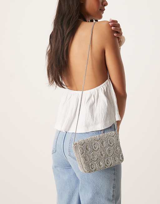 Accessorize Hexagon Beaded Foldover Clutch In Silver