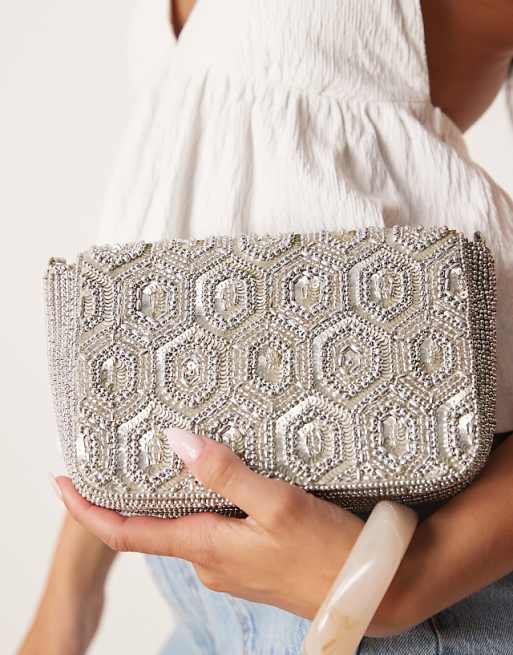 Accessorize Hexagon Beaded Foldover Clutch In Silver