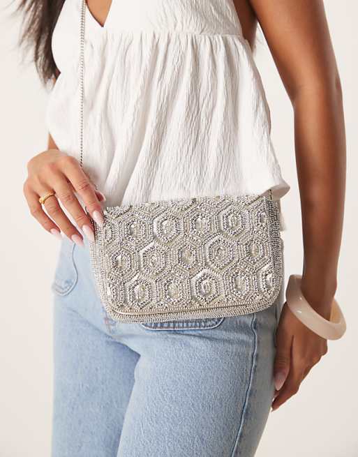 Accessorize hexagon beaded foldover clutch in silver