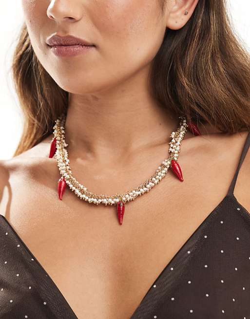 Accessorize statement chilli and pearl charm beaded necklace in gold
