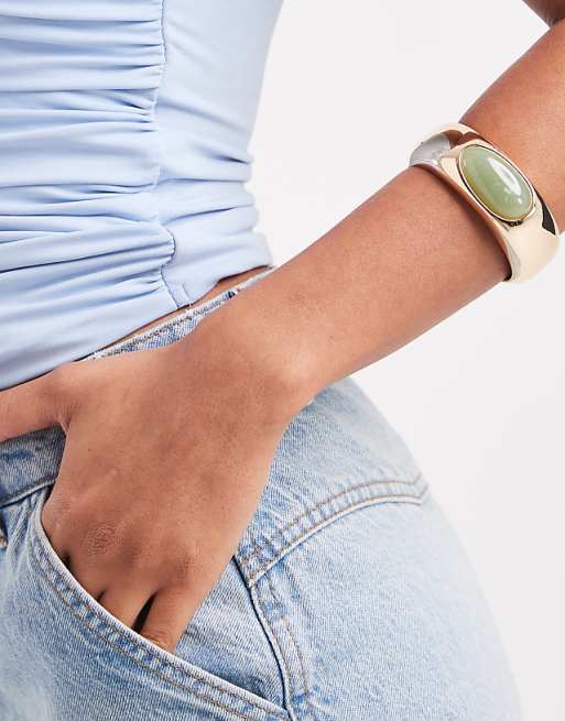 Accessorize statement green stone cuff bracelet in gold