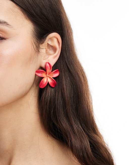 Accessorize Statement Lotus Flower Earrings In Red
