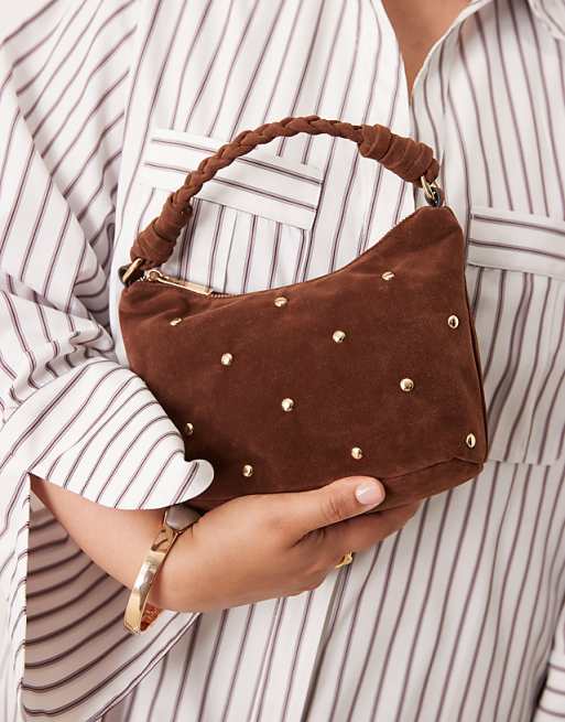 Accessorize Stud Faux Suede Handheld Bag In Brown