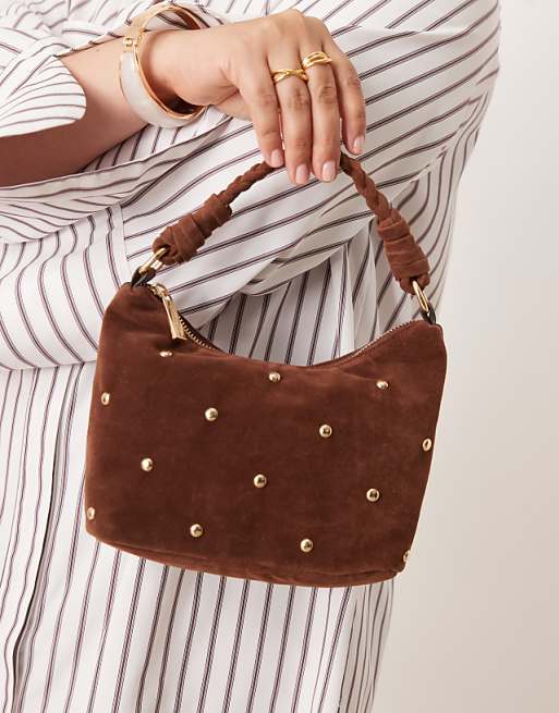 Accessorize Stud Faux Suede Handheld Bag In Brown