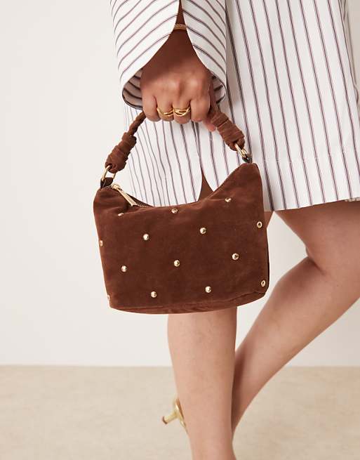 Accessorize stud faux suede handheld bag in brown