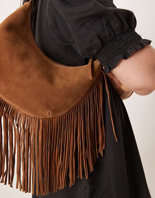 Accessorize Suede Leather Fringe Scoop Shoulder Bag In Tan