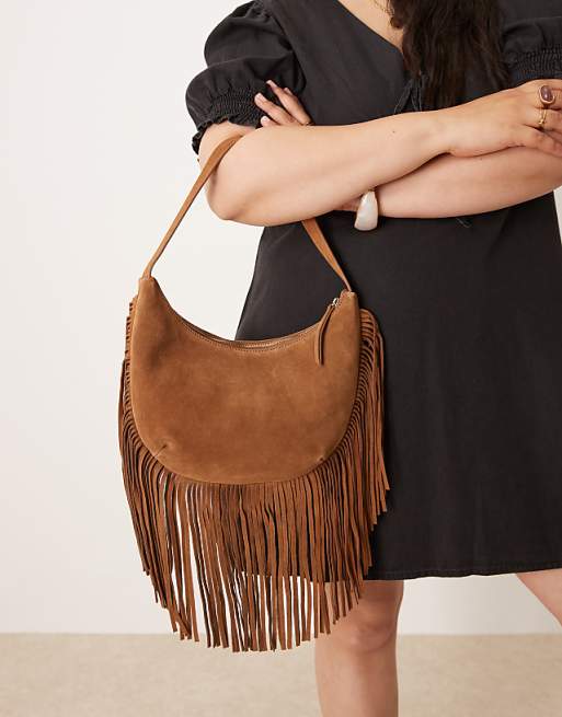 Accessorize Suede Leather Fringe Scoop Shoulder Bag In Tan