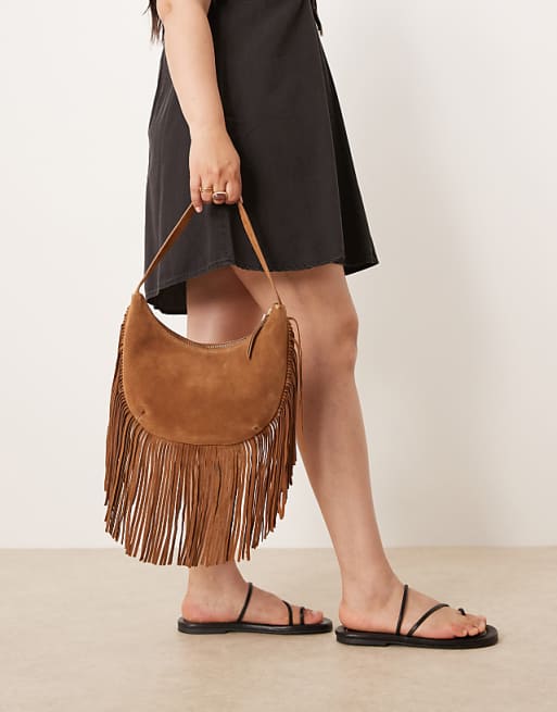 Accessorize suede leather fringe scoop shoulder bag in tan