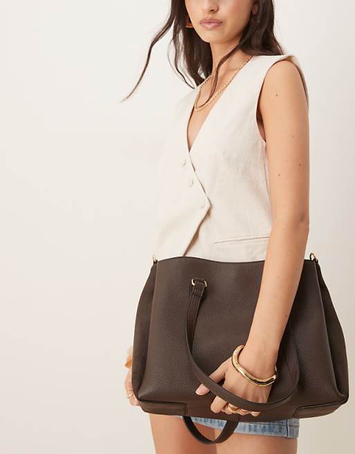 Accessorize Webbing Shoulder Bag With Faux Suede In Chocolate Brown