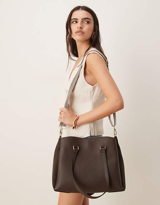 Accessorize Webbing Shoulder Bag With Faux Suede In Chocolate Brown